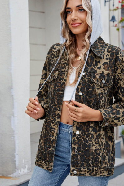 Alternative view of Leopard print classic vintage denim jacket with detachable hood