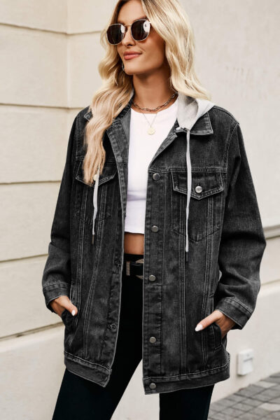 Alternative view of Black color classic vintage denim jacket with detachable hood