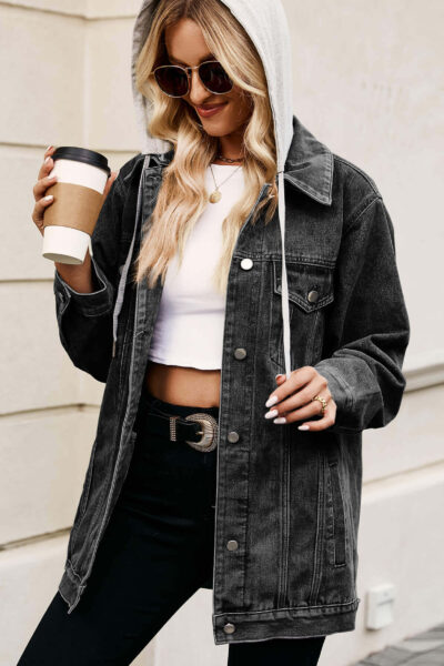 Black color classic vintage denim jacket with detachable hood