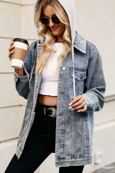 Light blue classic vintage denim jacket with detachable hood