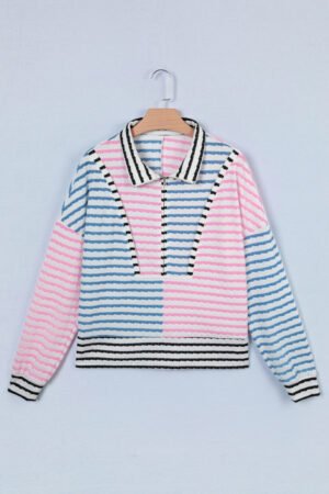 Multicolour Striped Color Block Patchwork Half Zip Drop Shoulder Long Sleeve Top - Image 5