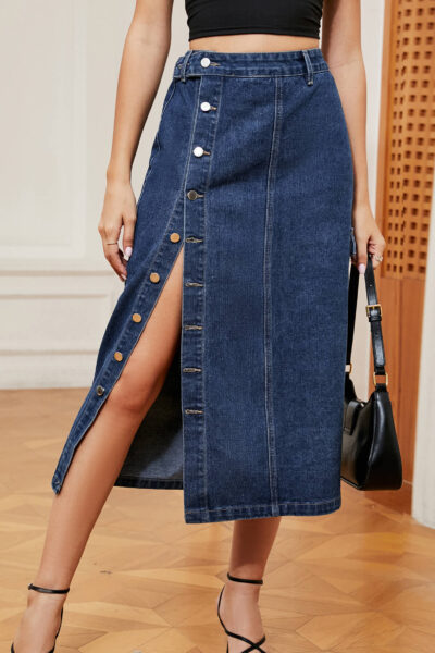 Blue Color Button Front Denim Midi Skirt with Semi Elastic Waist