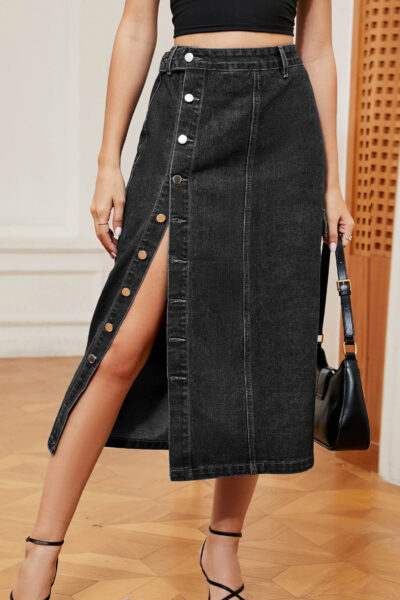 Black Color Washed Frayed Denim Midi A Line Maxi Skirt
