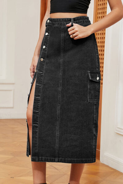 Alternative view of Black Color Washed Frayed Denim Midi A Line Maxi Skirt
