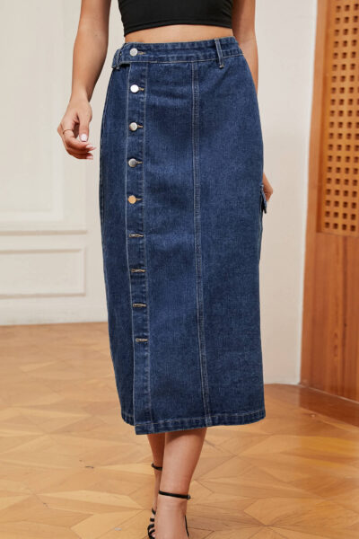 Alternative view of Blue Color Button Front Denim Midi Skirt with Semi Elastic Waist
