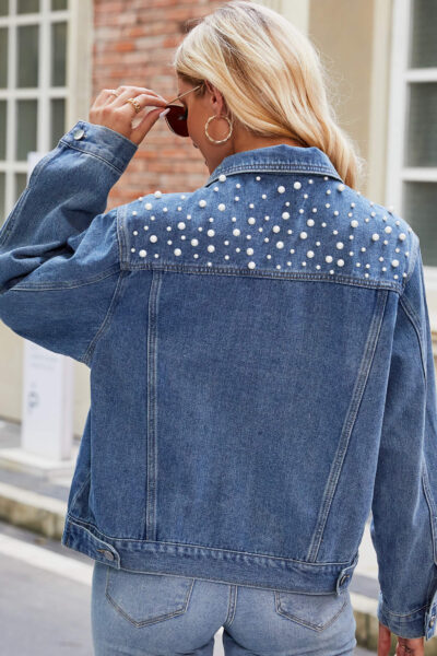 Alternative view of Blue washed denim jacket with pearl embellishments