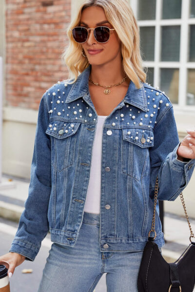 Blue washed denim jacket with pearl embellishments