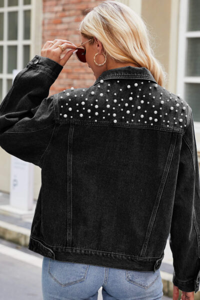 Alternative view of Dark gray washed denim jacket with pearl