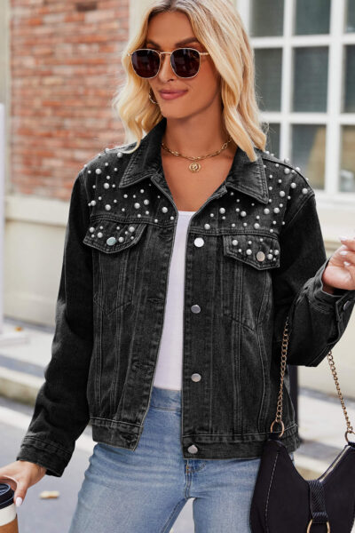 Dark gray washed denim jacket with pearl