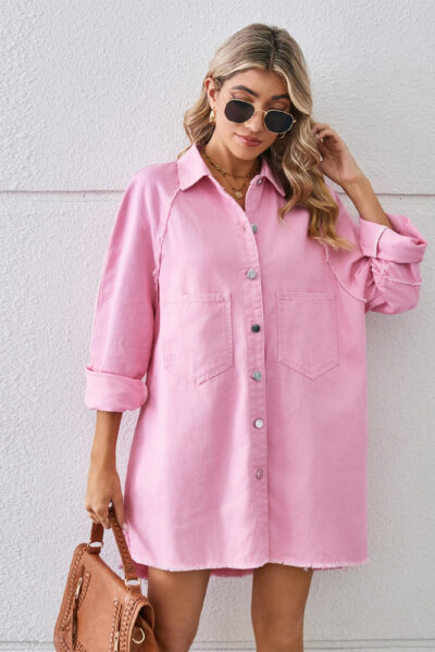 Alternative view of Pink Washed Frayed Denim Dress with Patchwork Long Sleeve