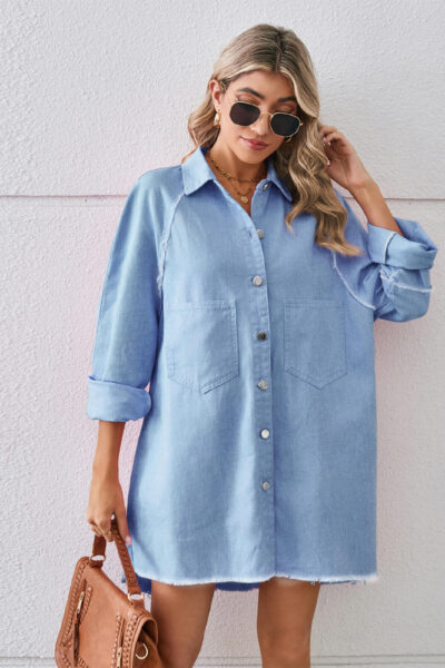 Sky Blue Washed Frayed Denim Dress with Patchwork Long Sleeve