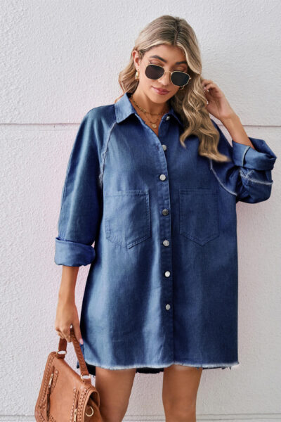 Dark Blue Washed Frayed Denim Dress with Patchwork Long Sleeve