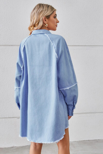 Alternative view of Sky Blue Washed Frayed Denim Dress with Patchwork Long Sleeve