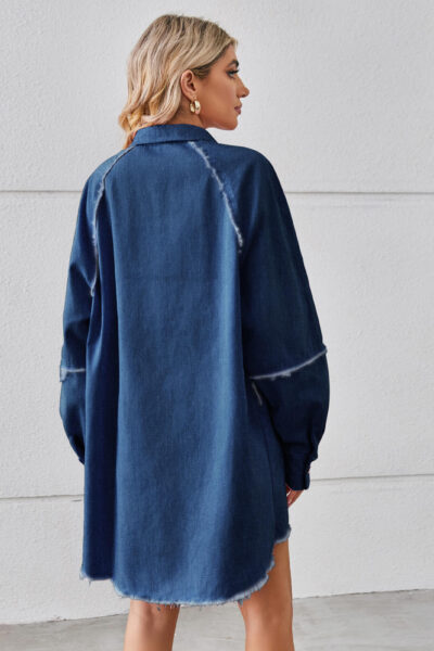 Alternative view of Dark Blue Washed Frayed Denim Dress with Patchwork Long Sleeve