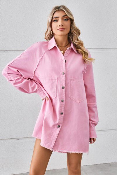 Pink Washed Frayed Denim Dress with Patchwork Long Sleeve