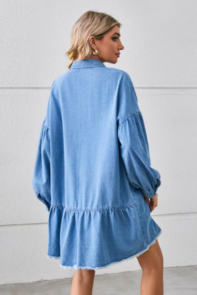 Alternative view of Light Blue Relaxed Long Sleeve Raw-Edge Denim Midi Dress