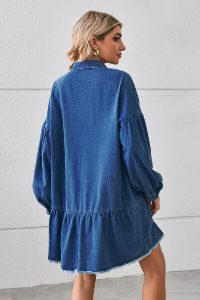 Alternative view of Dark Blue Relaxed Long Sleeve Raw-Edge Denim Midi Dress