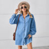Light Blue Relaxed Long Sleeve Raw-Edge Denim Midi Dress