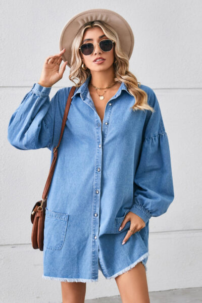 Light Blue Relaxed Long Sleeve Raw-Edge Denim Midi Dress