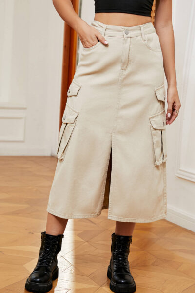 Light khaki Color Casual Denim Cargo Midi Skirt with Dual Side Pockets