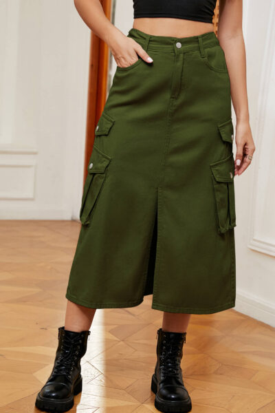 Gungle Green Color Casual Denim Cargo Midi Skirt with Dual Side Pockets