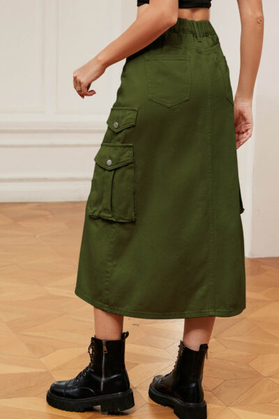 Alternative view of Gungle Green Color Casual Denim Cargo Midi Skirt with Dual Side Pockets