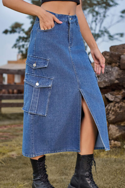 Alternative view of Blue Color Casual Denim Cargo Midi Skirt with Dual Side Pockets