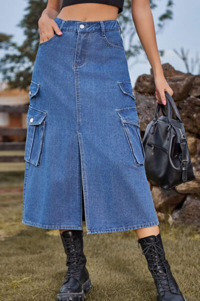 Blue Color Casual Denim Cargo Midi Skirt with Dual Side Pockets