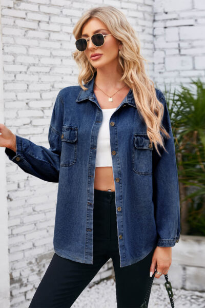 Dark Blue Washed Loose-Fit Denim Top with Flap Pockets