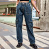 Blue Washed Semi-Elastic Waist Denim Cargo Casual Pants