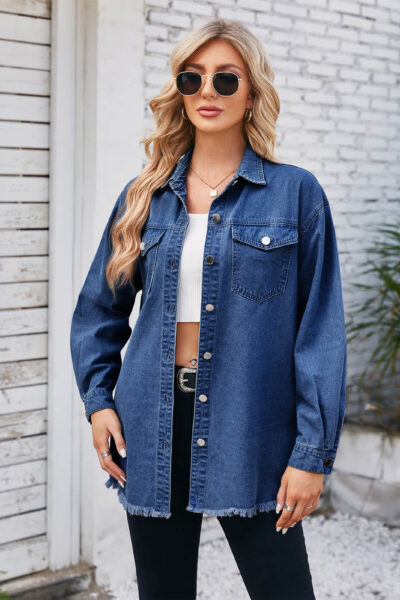 Alternative view of Dark Blue Washed Frayed Long Sleeve Denim Collared Top