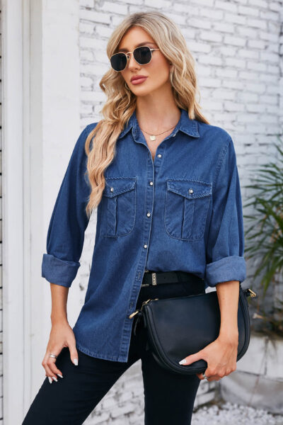 Dark Blue Lightweight Washed Denim Overshirt with Utility Pockets