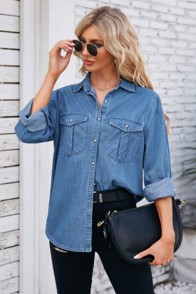Beau Blue Lightweight Washed Denim Overshirt with Utility Pockets
