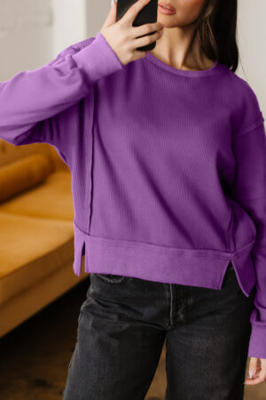 Orchid Mist Solid Color Raw Seam Patchwork Ribbed Drop Shoulder Sweatshirt - Image 18