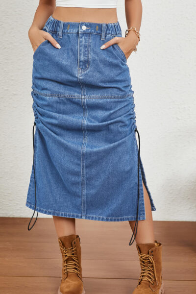 Alternative view of Blue Washed Elastic Waist Denim Midi Skirt with Side Slits and Drawstring