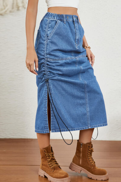 Blue Washed Elastic Waist Denim Midi Skirt with Side Slits and Drawstring
