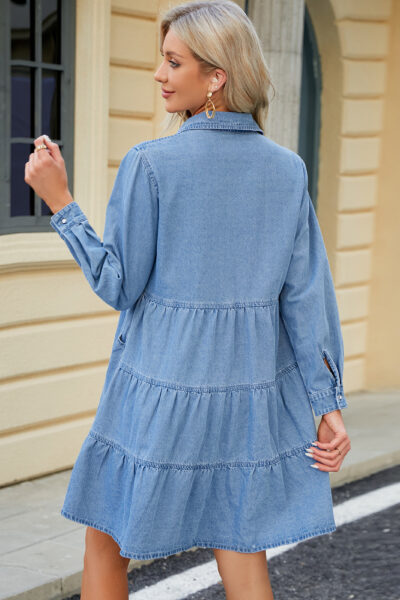Alternative view of Blue Color Long Sleeve Loose Tiered Denim Shirt Mini Dress