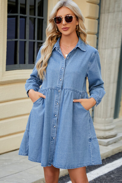 Blue Color Long Sleeve Loose Tiered Denim Shirt Mini Dress