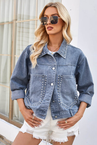 Alternative view of Washed Blue Denim Jacket with Stud Details & Large Pockets