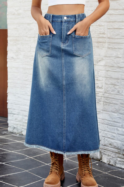 Blue Color Washed Frayed Denim Midi A Line Maxi Skirt
