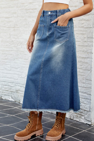 Alternative view of Blue Color Washed Frayed Denim Midi A Line Maxi Skirt