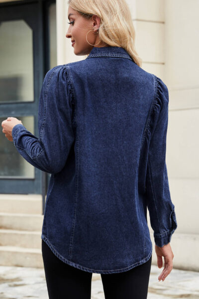 Alternative view of Blue Washed Structured Shoulder Long Sleeve Denim Shirt Top
