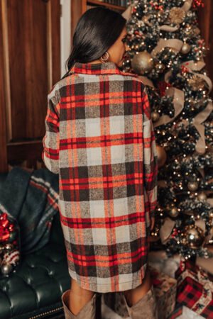 Red Brushed Plaid Buttoned Front Side Slit Tunic Shacket - Image 2