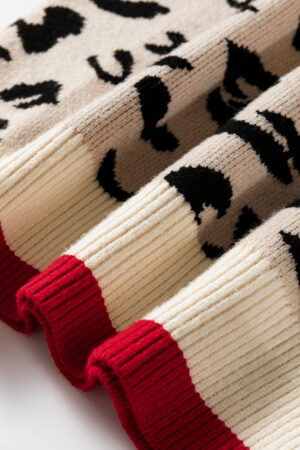 Khaki Leopard Pattern V-Neck Contrast Rib Knitted Sweater - Image 10
