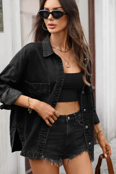 Alternative view of Black Color Loose Vintage Denim Overshirt Jacket with Slit Hem