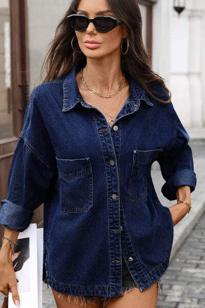 Dark Blue Loose Vintage Denim Overshirt Jacket with Slit Hem