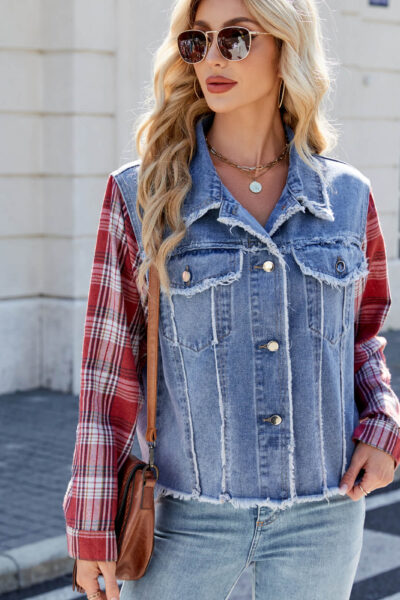 Alternative view of Washed Long Sleeve Plaid Patchwork Fringe Denim Jacket