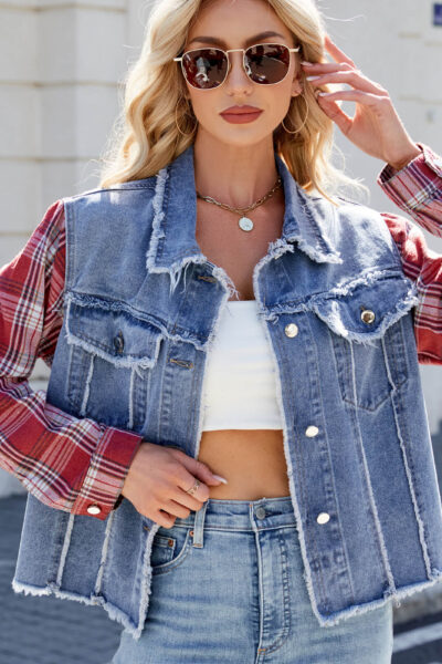 Washed Long Sleeve Plaid Patchwork Fringe Denim Jacket