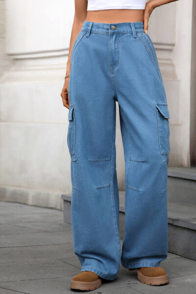 Blue Loose Fit Denim Cargo Pants with Large Side Pockets