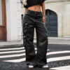 Black Utility Multi Pocket Straight Wide Leg Denim Cargo Pant